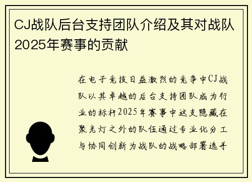 CJ战队后台支持团队介绍及其对战队2025年赛事的贡献