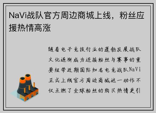 NaVi战队官方周边商城上线，粉丝应援热情高涨